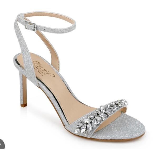 Jewel Badgley Mischka Dallyce Silver Ankle Strap Stiletto Heels 9 New - Picture 1 of 10